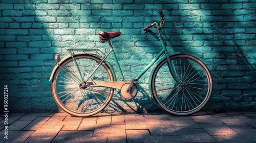 Vintage bicycle leaning against a teal brick wall in sunlight. photo