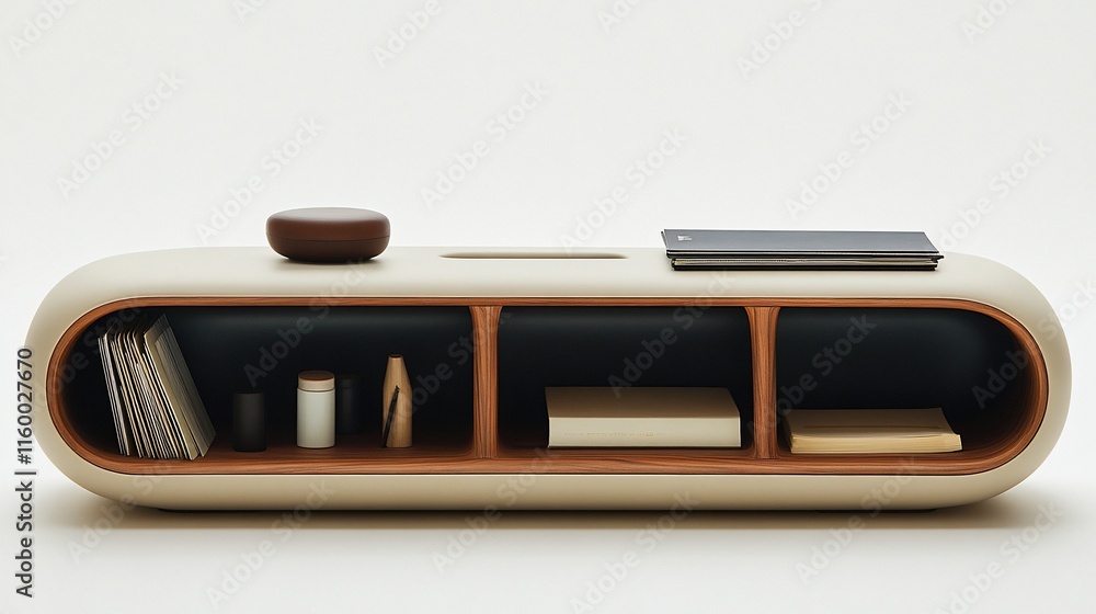Modern furniture piece with storage and decorative elements. Modern furniture piece with storage and decorative elements.