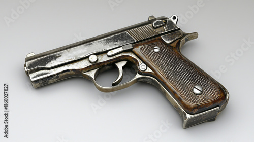 detailed metallic handgun with wooden grip, showcasing intricate design and craftsmanship photo