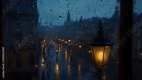 twilight cityscape glows with soft streetlamp light seen through a rain-splattered window evoking solitude and urban charm