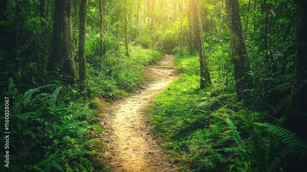 Obraz premium Sunlit path winding through lush green rainforest.
