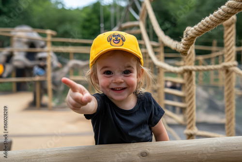 Funny zoo, A joyful child smiles and points excitedly with a monkey, capturing a playful moment perfect for family or wildlife themes in stock photography. photo