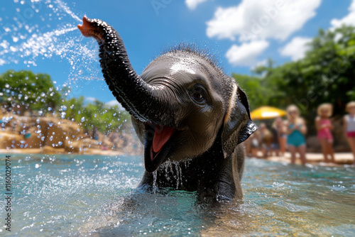 Funny zoo, A photorealistic image of a playful baby elephant, perfect for nature, wildlife, or children's themes in stock photography. photo