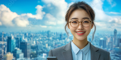 An Asian woman in business attire, smiling and holding a smartphone with a city skyline blue sky background