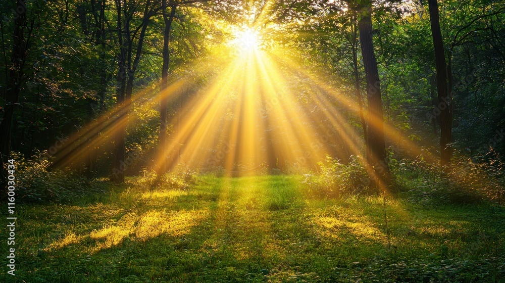 Obraz premium Sunbeams illuminating a lush green forest clearing at sunrise.