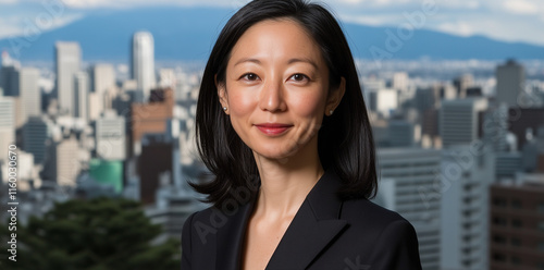 An Asian woman in business attire, smiling and holding a smartphone with a city skyline blue sky background