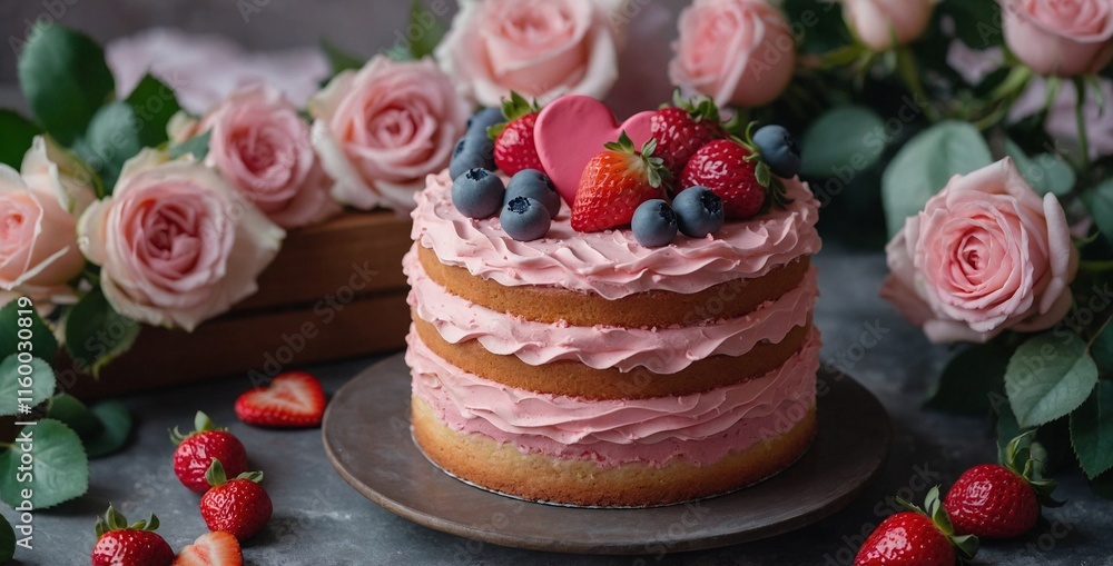 Beautiful pink frosted cake decorated with strawberries and pink heart-shaped cookies surrounded by a bouquet of pink roses. Happy Valentine's Day concept See Less
Beautiful pink frosted cake decorated with strawberries and pink heart-shaped cookies surrounded by a bouquet of pink roses. Happy Valentine's Day concept See Less