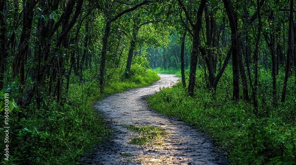 Fototapeta premium Winding path through lush green forest.