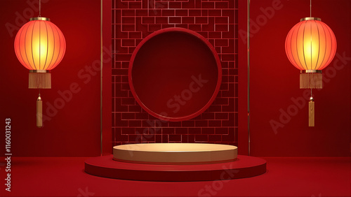 chinese new year podium for product display promotion, red lanterns, luxury, red blossom, minimalist 06 photo