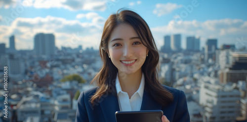 A Japanese woman in business attire, smiling and holding a smartphone with a city skyline blue sky background