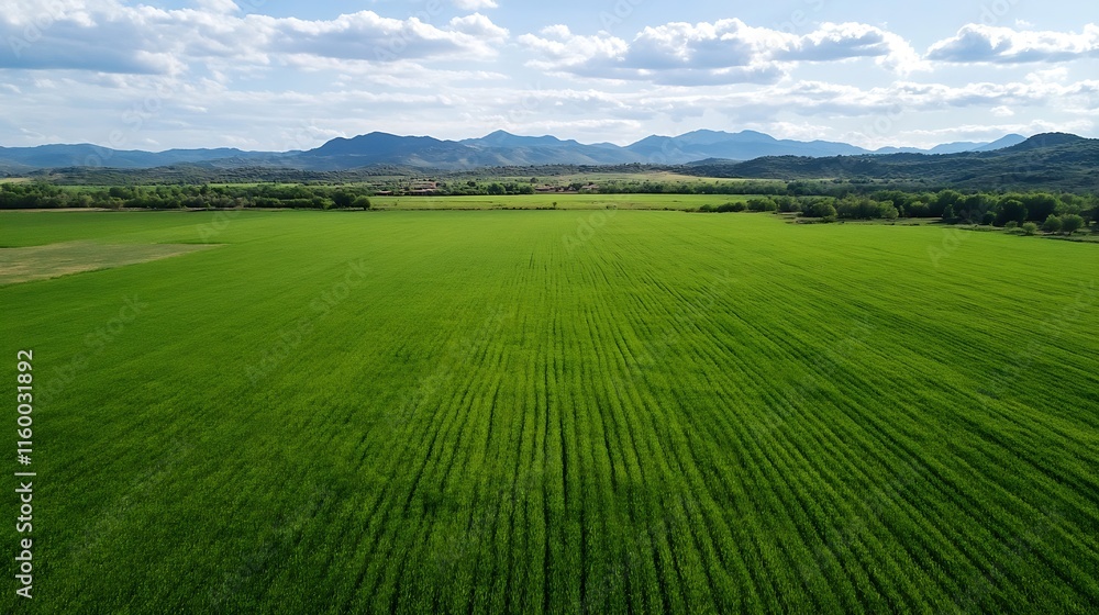 Fototapeta premium Expansive Green Farmland with Mountain Range Panorama Under Blue Skies : Generative AI