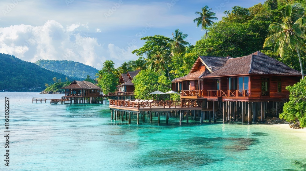 Tropical overwater bungalows on a secluded beach. Tropical overwater bungalows on a secluded beach.