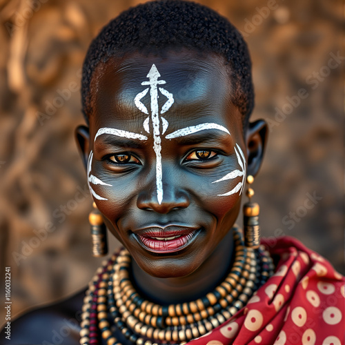 a Dinka womans traditional face painting. photo