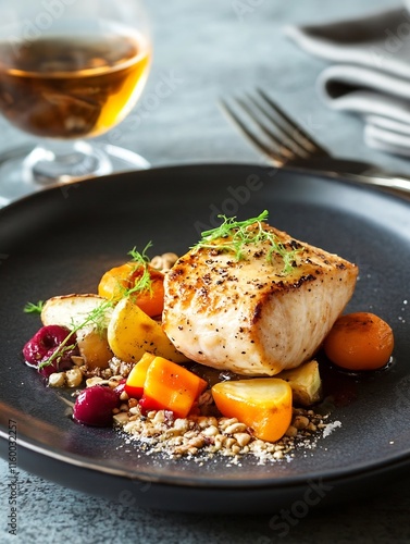 Gourmet Roasted Fish with Colorful Vegetables for Sophisticated Cuisine : Generative AI