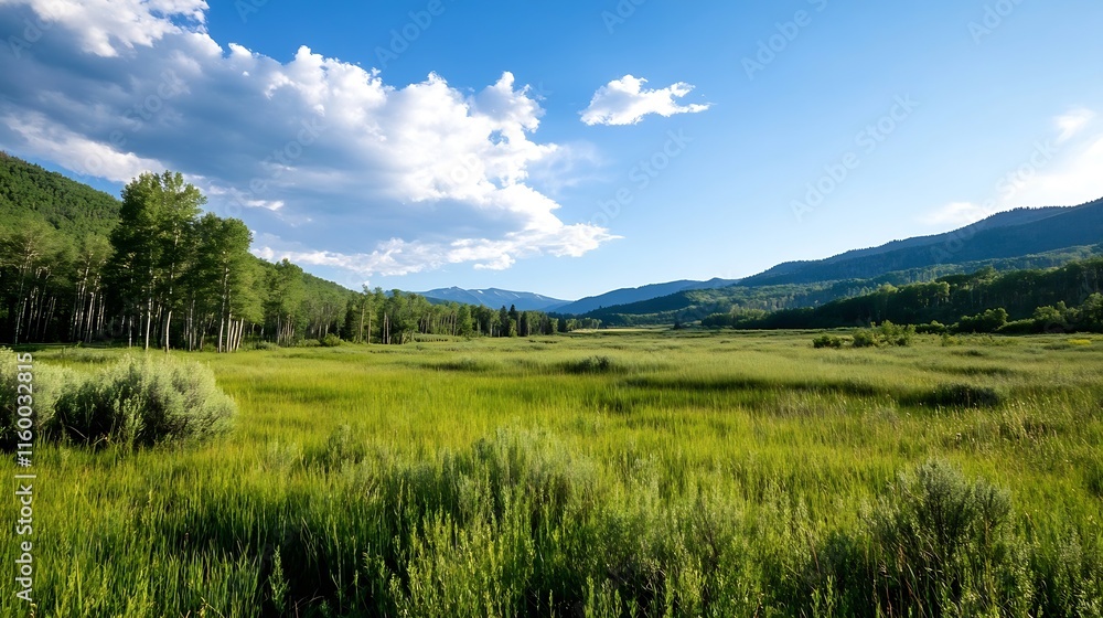 Lush Green Meadow with Majestic Mountains and Clear Blue Sky in Serene Countryside Landscape : Generative AI Lush Green Meadow with Majestic Mountains and Clear Blue Sky in Serene Countryside Landscape : Generative AI