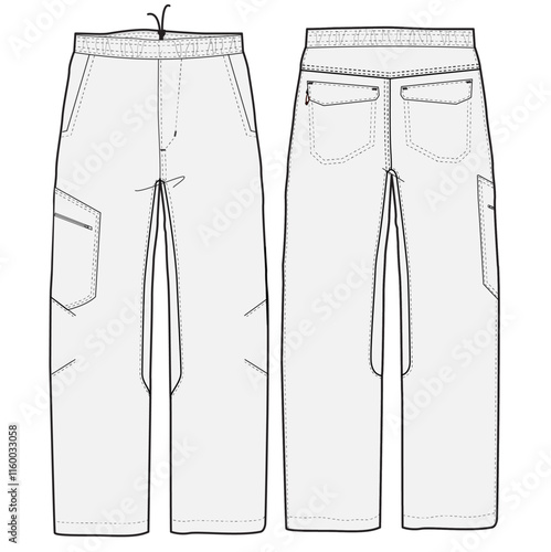 Hiking Pants Relaxed Fit Fashion Illustration Mock-up Template for Design and Tech Packs Front and Back	Views