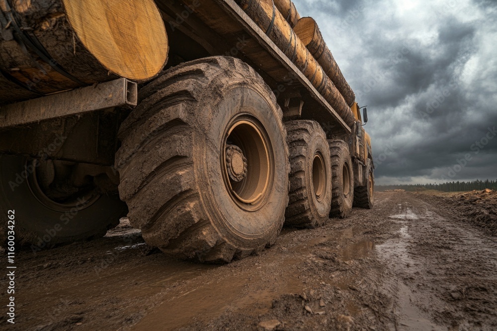 Massive Logging Truck Navigating a Muddy Forest Road Massive Logging Truck Navigating a Muddy Forest Road