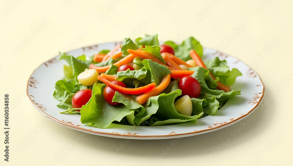 Fresh green salad with colorful vegetables on a white plate.
Fresh green salad with colorful vegetables on a white plate.
