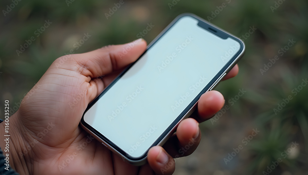Close-up of a hand holding a smartphone with a blank screen outdoors.
Close-up of a hand holding a smartphone with a blank screen outdoors.