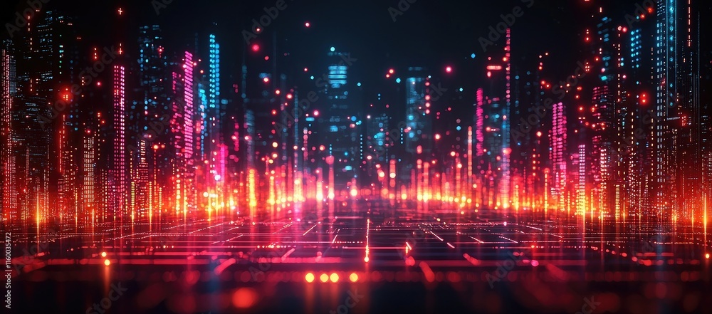 Fototapeta premium A futuristic digital landscape with glowing data streams and a city skyline.