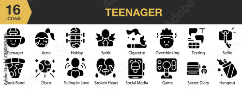 Teenager solid icon set. Includes clothes, cheerful, confident, mental, mood, and More. Solid icons vector collection.