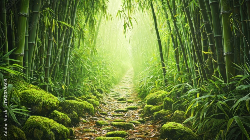 Obraz premium Mystical bamboo forest path with mossy stones.
