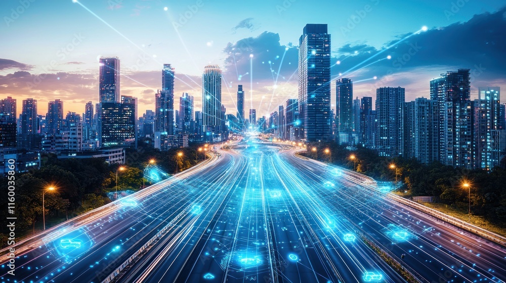 Smart city futuristic highway at sunset. Smart city futuristic highway at sunset.