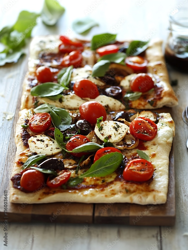 Rustic Italian Flatbread Pizza with Cherry Tomatoes and Fresh Basil Leaves : Generative AI