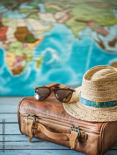 Obraz na płótnie Leather Suitcase with Straw Hat and Sunglasses Against World Map : Generative AI w salonie