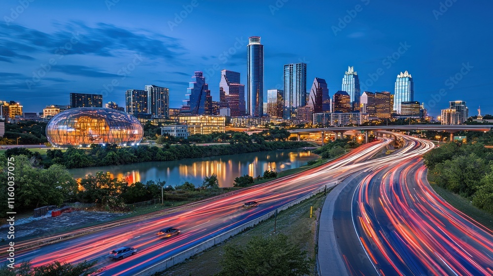 Obraz premium City skyline at twilight with highway traffic streaks.