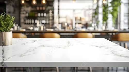 White marble table countertop with blurred restaurant background