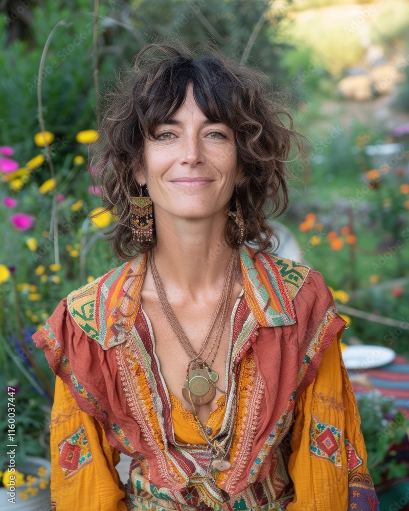 Portrait of a smiling woman with curly brown hair, wearing an orange bohemian top and layered necklaces, sitting outdoors in a garden. Portrait of a smiling woman with curly brown hair, wearing an orange bohemian top and layered necklaces, sitting outdoors in a garden.