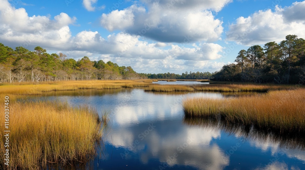 Tranquil Marsh Landscape with Reflective Sky Tranquil Marsh Landscape with Reflective Sky