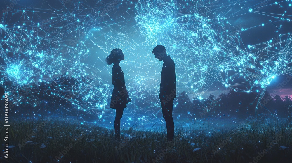 Fototapeta premium Silhouetted couple facing each other amidst a vibrant, interconnected network of light.