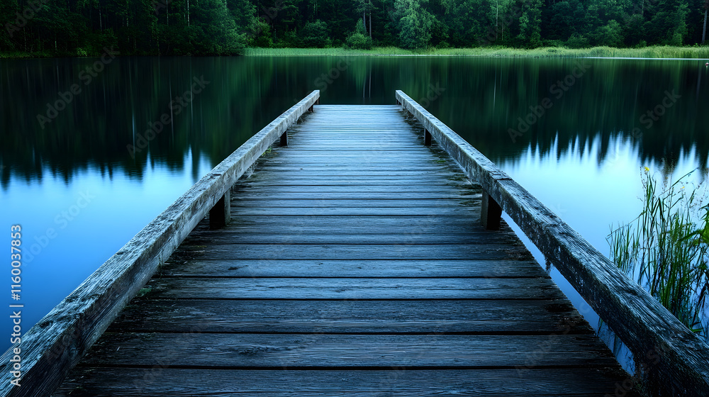 Naklejka premium Scenic wooden pier over calm lake with lush forest background for tranquil retreat : Generative AI