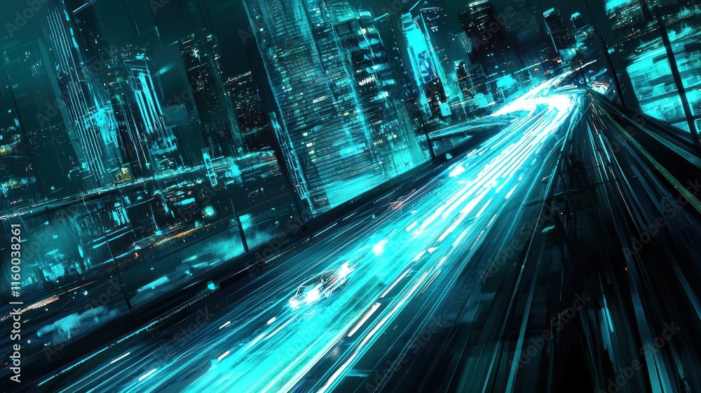 Futuristic cityscape at night with fast-moving vehicles on a highway. Futuristic cityscape at night with fast-moving vehicles on a highway.