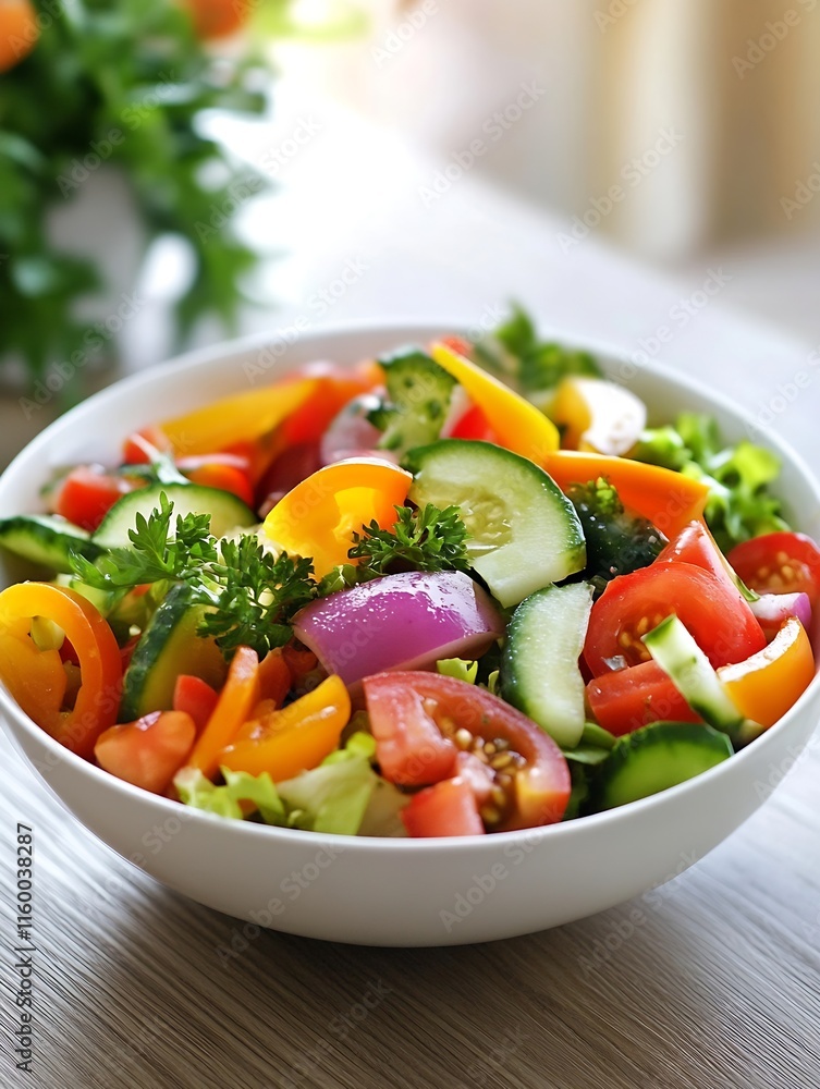 Vibrant Fresh Vegetable Salad with Colorful Bell Peppers and Herbs in White Bowl : Generative AI Vibrant Fresh Vegetable Salad with Colorful Bell Peppers and Herbs in White Bowl : Generative AI