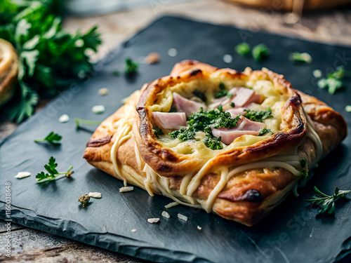 Delicious Savory Danish pastry with ham and cheese. Tasty Food background photo