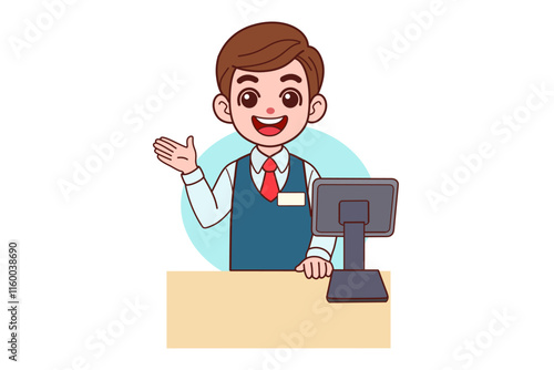 The cashier is standing at the checkout counter. Vector illustration in cartoon style.
