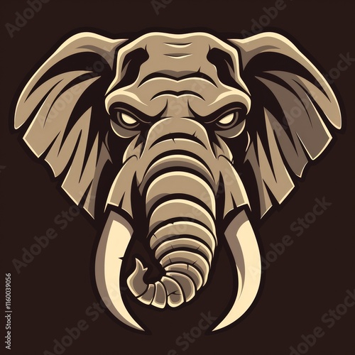 Powerful elephant head illustration, fierce expression, large ears, tusks, detailed features. photo