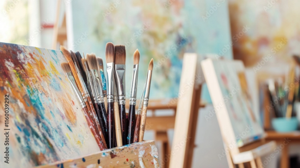 Fototapeta premium A serene painting studio with canvases and easels, Paintbrushes arranged in a creative workspace, Artistic inspiration style