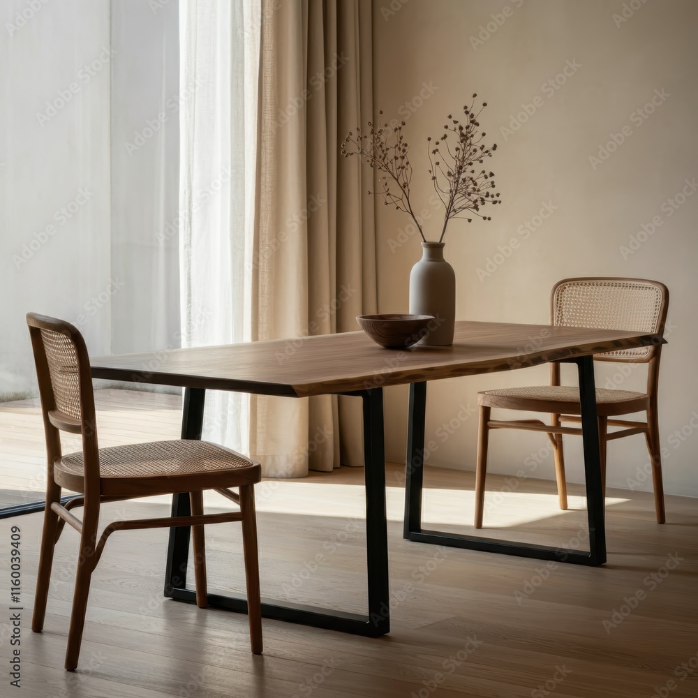 Fototapeta premium Minimalist dining room, wooden table with metal legs, single wooden chair, neutral tones, vase with bare branches, large window, soft natural light, hardwood floors, serene atmosphere, Japanese-inspir