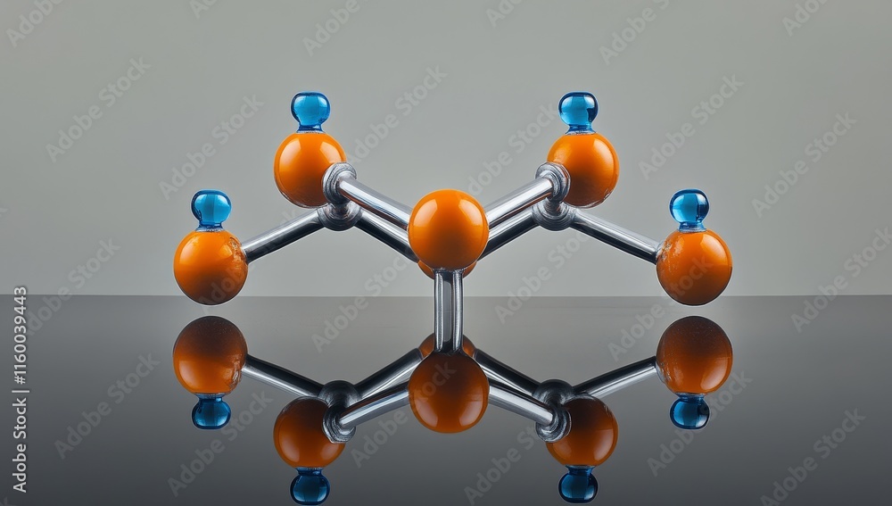 Obraz premium Molecular model with orange and blue spheres reflecting on a surface.