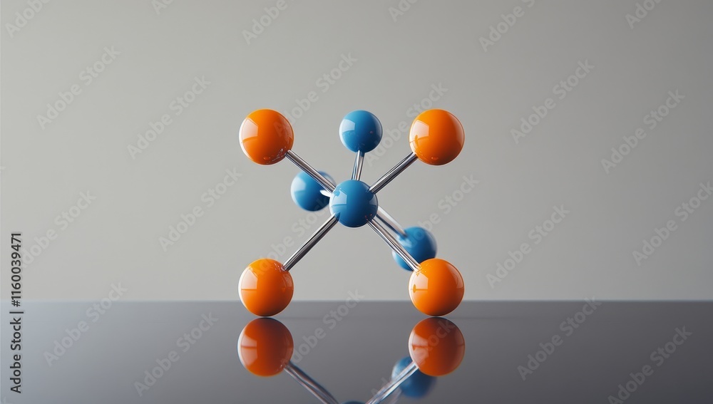 Obraz premium Abstract molecular model with orange and blue spheres on reflective surface. (1)