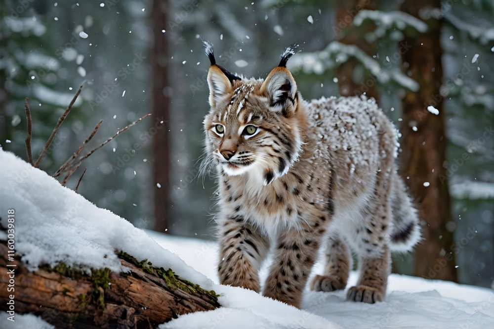 Fototapeta premium Baby lynx kitten with fluffy fur and distinctive ear tufts, playfully exploring a snowy forest