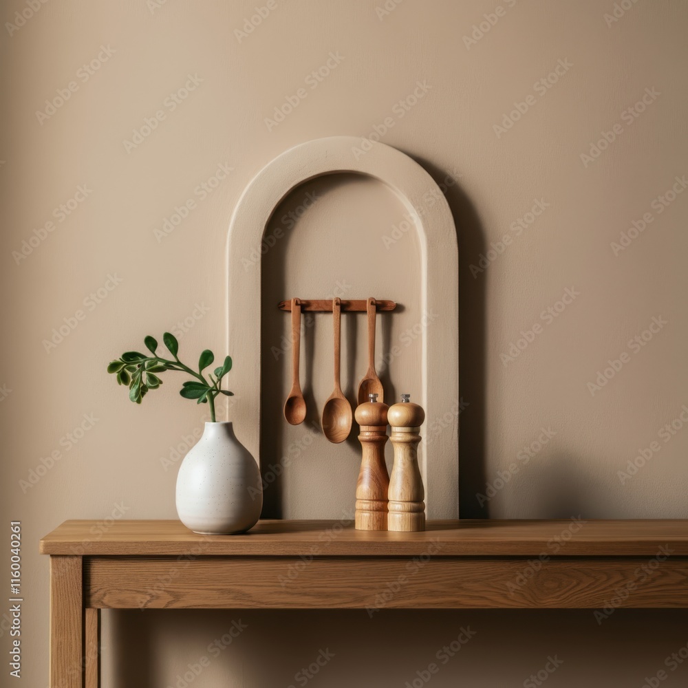 Boho minimalist decor, wooden console table, arched wall niche, neutral tones, ceramic vases, eucalyptus branches, wooden utensils, textured wall, earthy palette, Scandinavian influence, modern rustic Boho minimalist decor, wooden console table, arched wall niche, neutral tones, ceramic vases, eucalyptus branches, wooden utensils, textured wall, earthy palette, Scandinavian influence, modern rustic