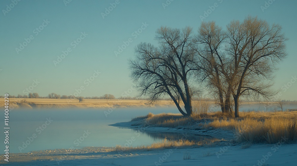 Serene winter landscape with trees by a calm river. Serene winter landscape with trees by a calm river.
