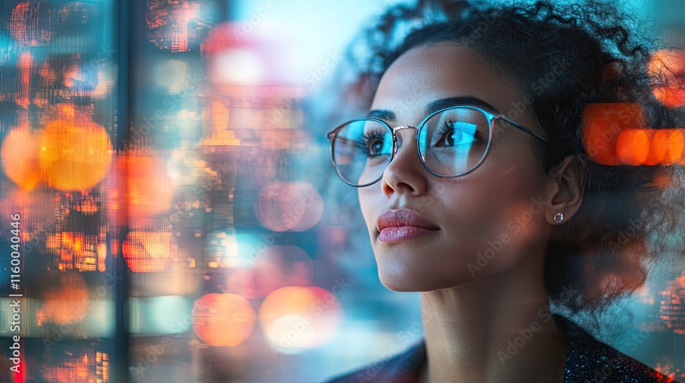 A businesswoman looking ahead, contemplating the future in a 2025 projection. A businesswoman looking ahead, contemplating the future in a 2025 projection.