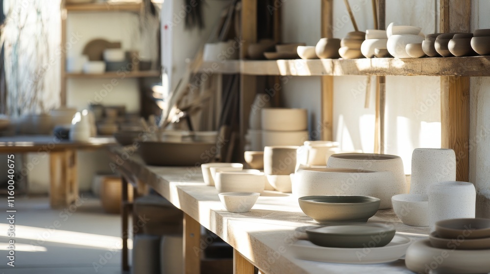 A serene pottery studio with spinning wheels and crafted clay pieces, Artisan tools arranged in a minimalist workspace, Contemporary pottery style A serene pottery studio with spinning wheels and crafted clay pieces, Artisan tools arranged in a minimalist workspace, Contemporary pottery style