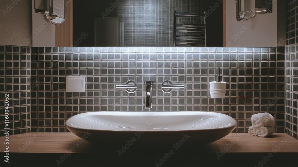 Fototapeta premium Modern Bathroom Interior with Unique Sink and Stylish Lighting